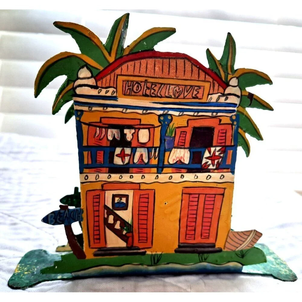 Folkart Boho Metal Napkin Holder Tropical Hand Painted Beach Palm Trees Hotel